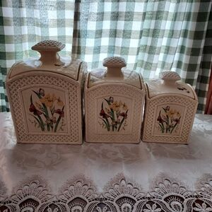 70's Butterfly Garden Trellis Ceramic Canister Set